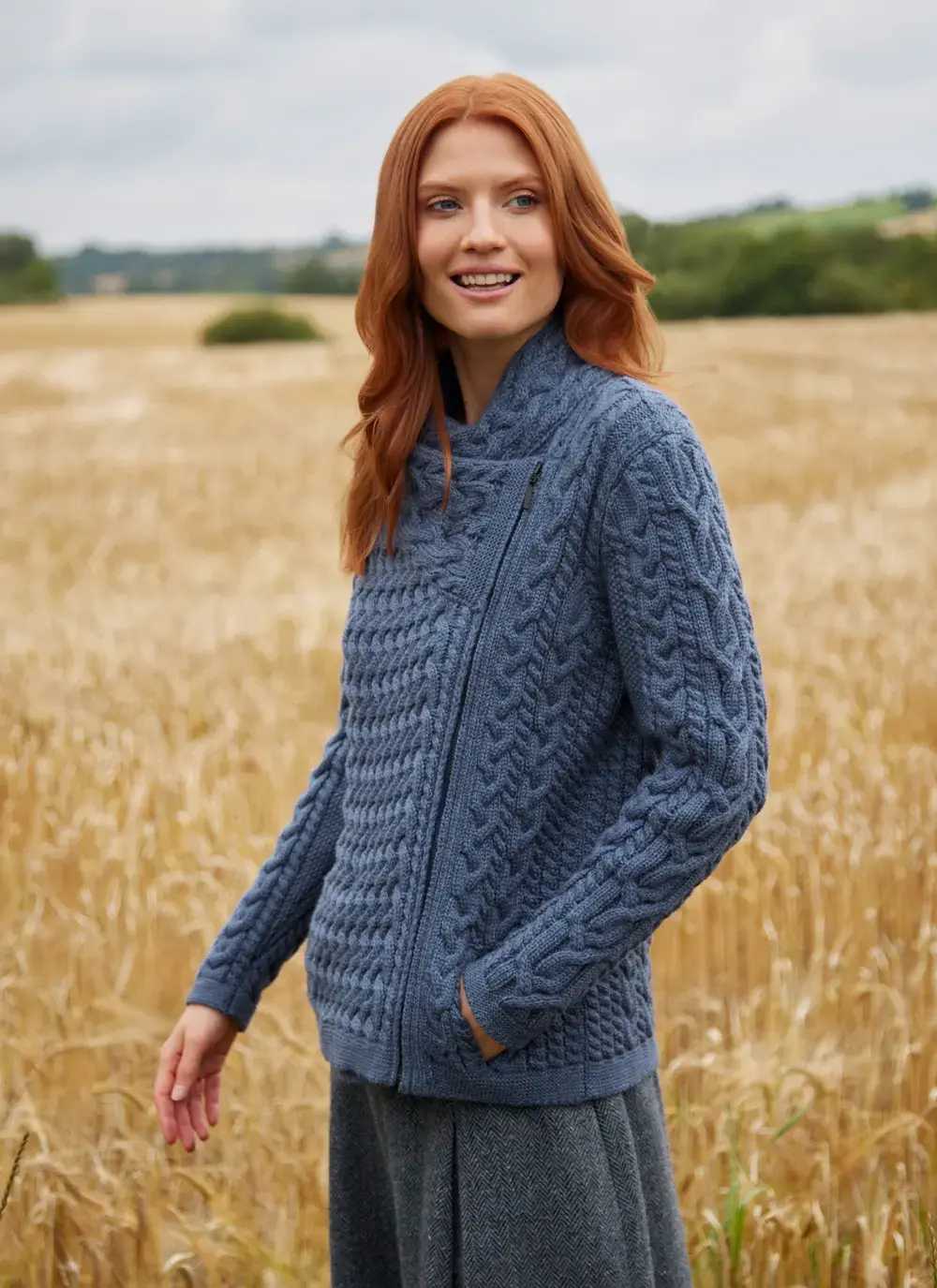 Alannah Biker Jacket in Blue Melange Cable Basketweave Stitch